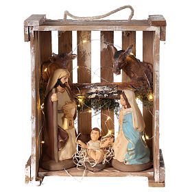 Natività presepe 20 cm Deruta in cassetta di legno e muschio con luci