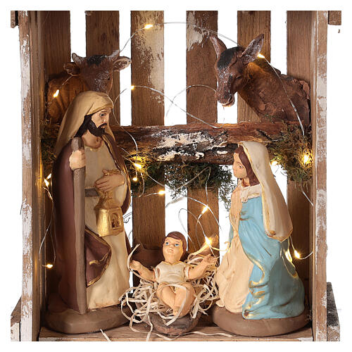 Holy Family set 20 cm, Deruta in wooden box moss with lights 2