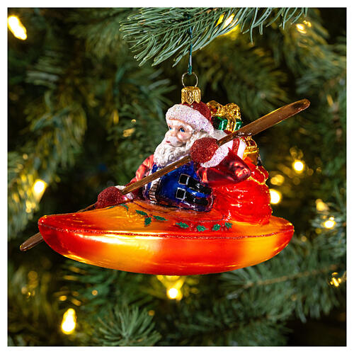 Santa Claus in Kayak Christmas ornament blown glass 2