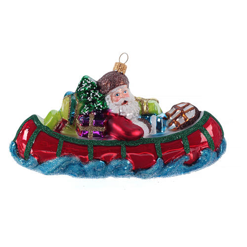 Santa Claus in Canoe Christmas Tree Ornament blown glass 1