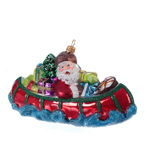 Santa Claus in Canoe Christmas Tree Ornament blown glass 3