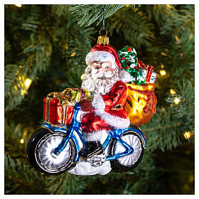Weihnachtsmann auf Fahrrad, Weihnachtsbaumschmuck aus mundgeblasenem Glas