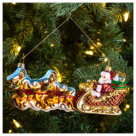Santa Claus with Reindeer Sleigh Christmas tree blown glass decoration