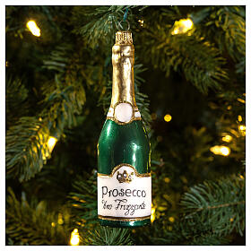 Prosecco-Flasche, Weihnachtsbaumschmuck aus mundgeblasenem Glas