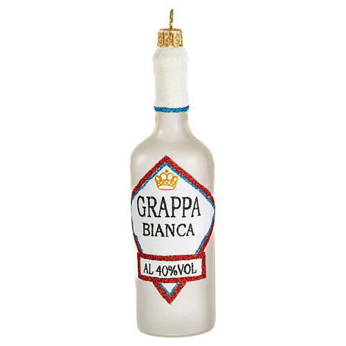 White Grappa bottle, blown glass Christmas ornament 1