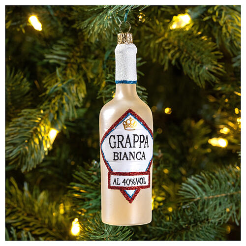 White Grappa bottle, blown glass Christmas ornament 2