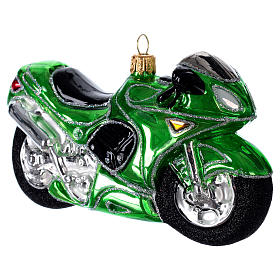 Grünes Motorrad, Weihnachtsbaumschmuck aus mundgeblasenem Glas