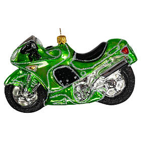Grünes Motorrad, Weihnachtsbaumschmuck aus mundgeblasenem Glas