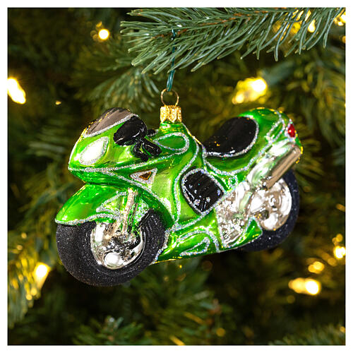 Grünes Motorrad, Weihnachtsbaumschmuck aus mundgeblasenem Glas 2