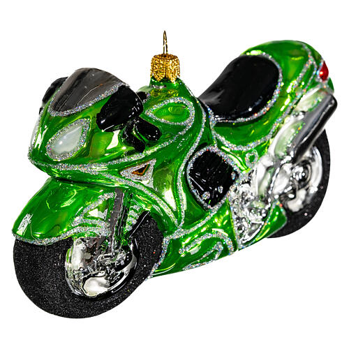 Grünes Motorrad, Weihnachtsbaumschmuck aus mundgeblasenem Glas 3