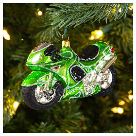 Green motorbike in blown glass for Christmas Tree