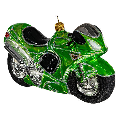 Moto verde de vidrio soplado decoración árbol Navidad 5