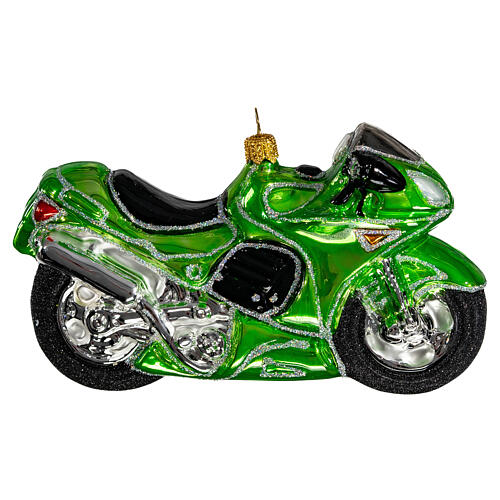 Motocicleta verde vidro soprado adorno Árvore de Natal 6