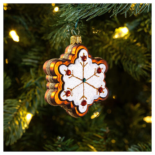 Blown glass Christmas ornament, gingerbread snowflake 2