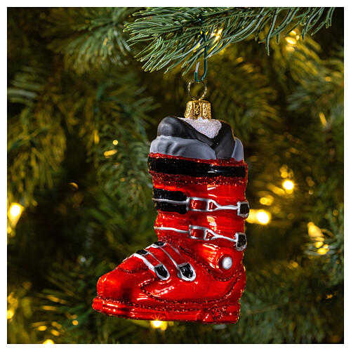 Blown glass Christmas ornament, ski boots 2