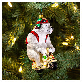 Polar bear on Vespa in blown glass for Christmas Tree