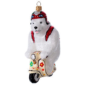 Ours polaire sur une Vespa décoration verre soufflé Sapin de Noël
