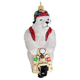 Blown glass Christmas ornament, polar bear on a Vespa