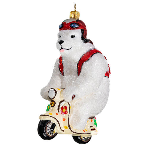 Blown glass Christmas ornament, polar bear on a Vespa 3