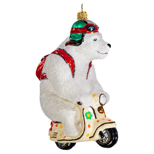 Blown glass Christmas ornament, polar bear on a Vespa 4