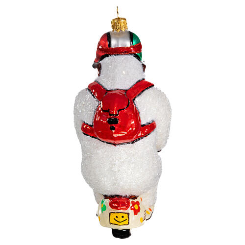 Blown glass Christmas ornament, polar bear on a Vespa 5