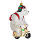 Blown glass Christmas ornament, polar bear on a Vespa s4