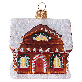 Blown glass Christmas ornament, gingerbread house with snow
