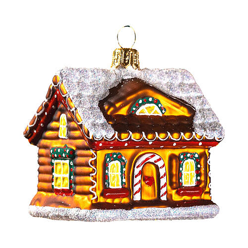 Blown glass Christmas ornament, gingerbread house with snow 1
