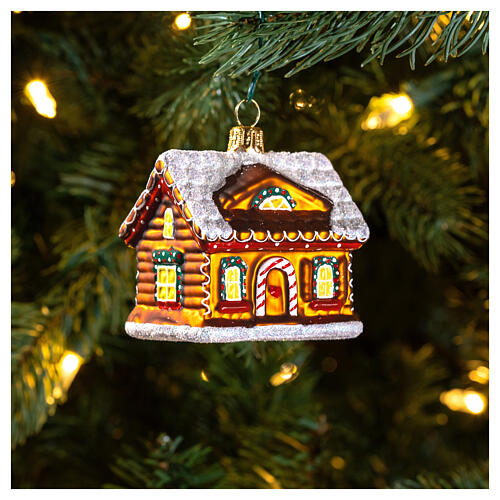 Blown glass Christmas ornament, gingerbread house with snow 2