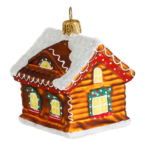 Blown glass Christmas ornament, gingerbread house with snow 3