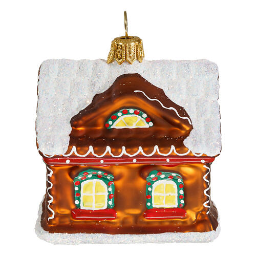Blown glass Christmas ornament, gingerbread house with snow 4