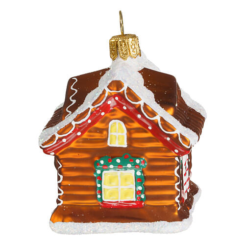 Blown glass Christmas ornament, gingerbread house with snow 5
