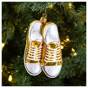 Blown glass Christmas ornament, yellow sneakers