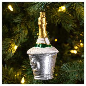 Blown glass Christmas ornament, ice bucket with Champagne