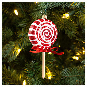 Blown glass Christmas ornament, red and white lollipop
