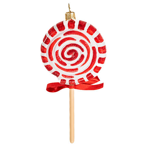 Blown glass Christmas ornament, red and white lollipop 1