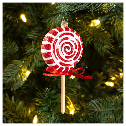 Blown glass Christmas ornament, red and white lollipop 2