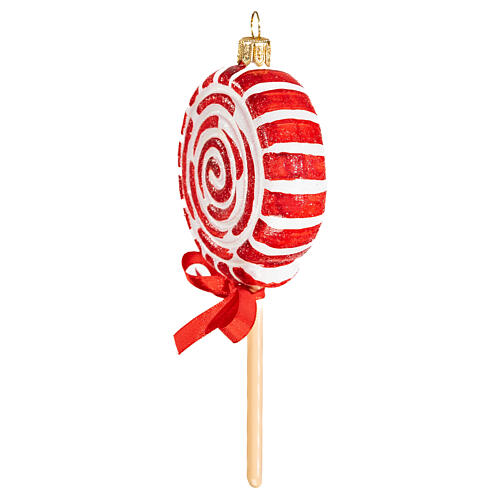 Blown glass Christmas ornament, red and white lollipop 3