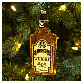 Blown glass Christmas ornament, whisky bottle
