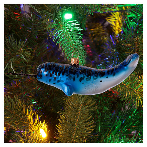 Blown glass Christmas ornament, Narwhal 2