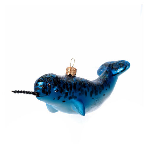 Blown glass Christmas ornament, Narwhal 3