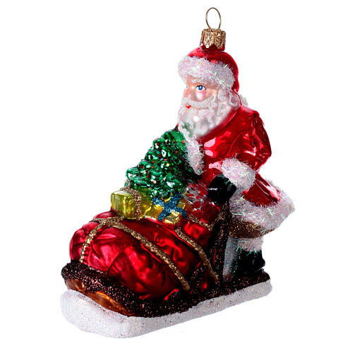 Blown glass Christmas ornament, Santa Claus sledding 3