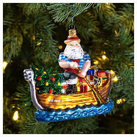 Blown glass Christmas ornament, gondola Santa