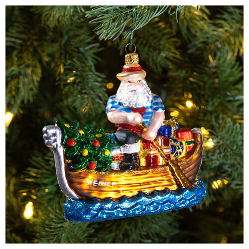 Blown glass Christmas ornament, gondola Santa 2