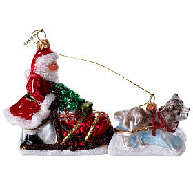 Blown glass Christmas ornament, Santa Claus dog sledding