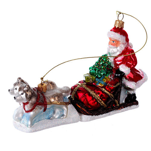 Blown glass Christmas ornament, Santa Claus dog sledding 3