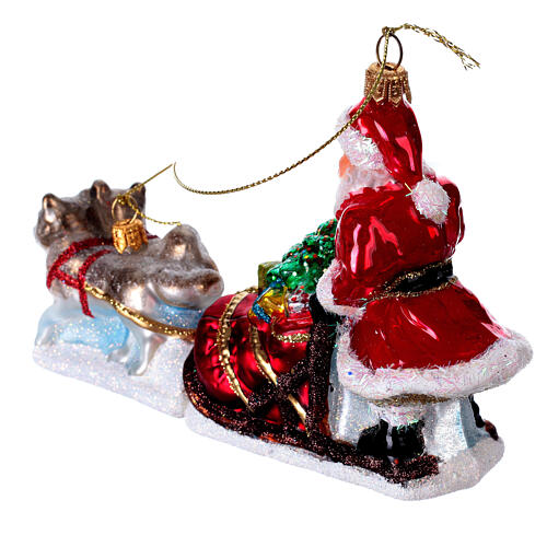 Blown glass Christmas ornament, Santa Claus dog sledding 4