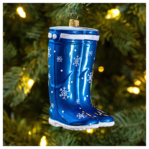 Blown glass Christmas ornament, blue rubber boots 2