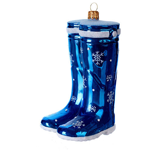 Blown glass Christmas ornament, blue rubber boots 3
