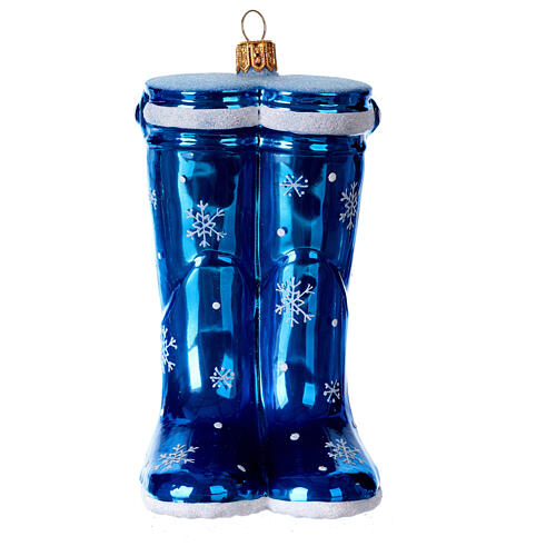 Blown glass Christmas ornament, blue rubber boots 1